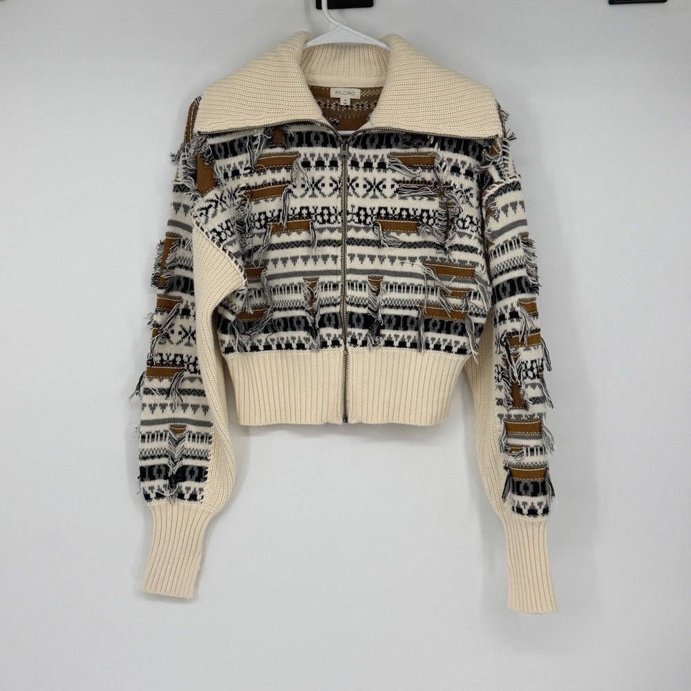 Pilcro Anthropologie Fair Isle Shaggy Fringed Zip Up Sweater OB2034067 XS‎